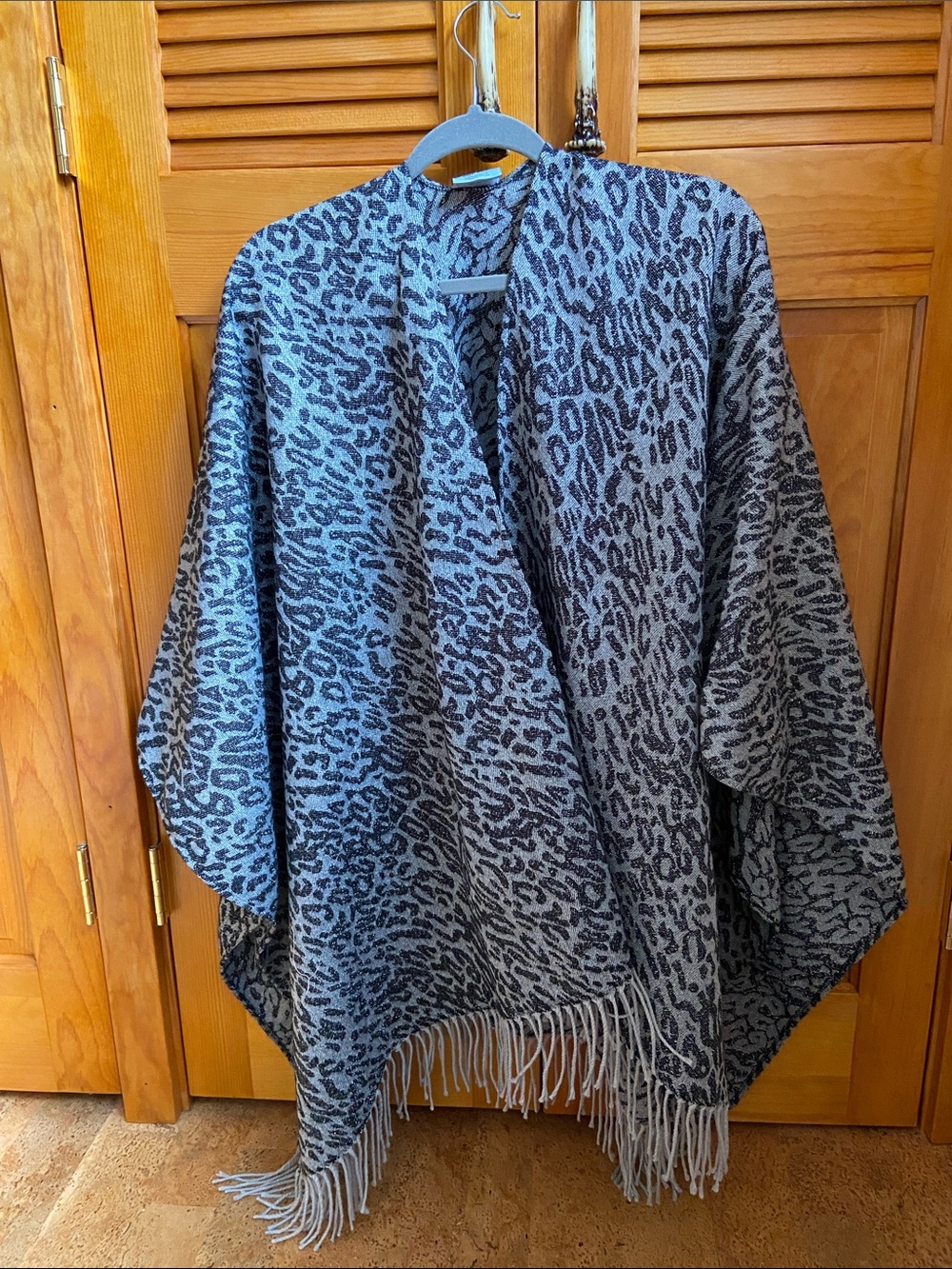 Kate Landry Gray Animal Print Fringe Cape